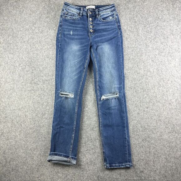 Vervet Blue Distressed Jeans Womens 27 Button Fly Slim Ankle Medium Wash Stretch - Picture 1 of 13